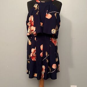 Women's Navy Blue Floral Pull On Halter Neck Sleeveless Romper